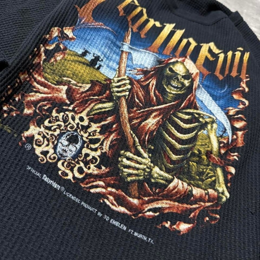 Y2K Vintage 90s 3D Emblem Grail Fear No Evil Black Waffle Knit Long Sleeve - Picture 3 of 5